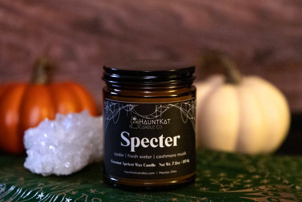 Jar of 'Specter' candle with pumpkins and decorative stones on a green surface